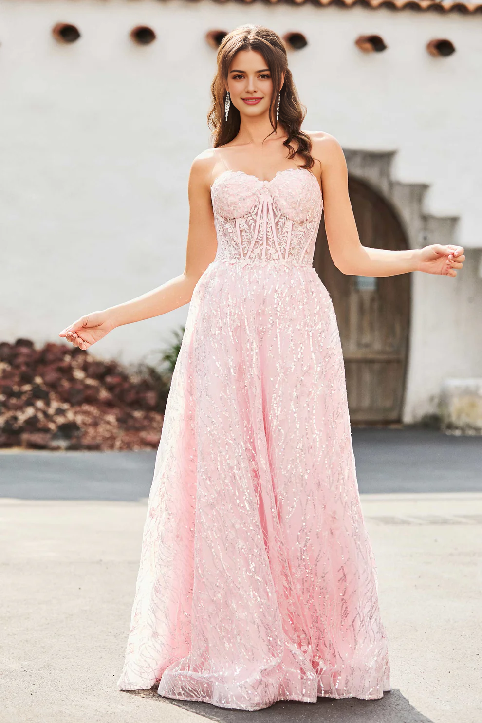 Sequins Cute A-Line Strapless Sweetheart Neckline Sleeveless Lace Applique Backless Floor-Length Discount Sparkle Party Dress Hot Sale Prom Dresses