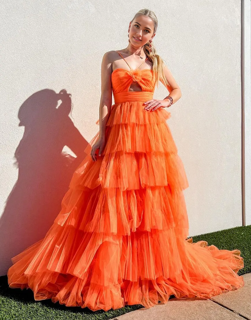 Wholesa A-Line Spaghetti Straps Flower Tiered Tulle Orange Long formal dresses evening gown Prom Dress