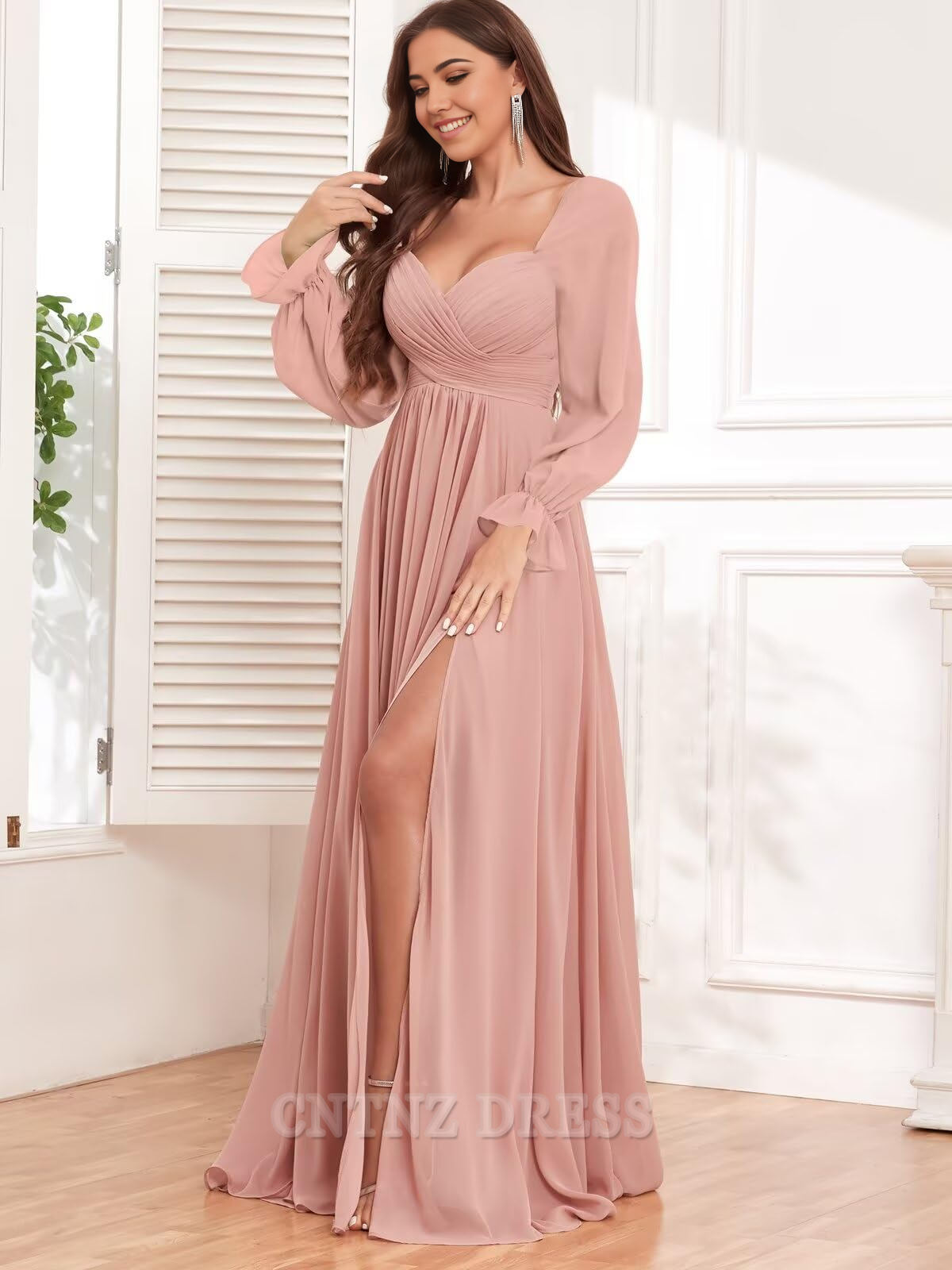Wholesa A-line Chiffon Long Sleeve Pleated formal dresses Bridesmaid Dresses evening gown Prom Dress with Slit