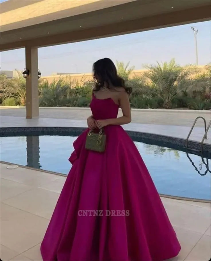 Wholesa A Line Strapless Hot Pink Pretty Long Satin formal dresses Bridesmaid Dresses evening gown Prom Dress