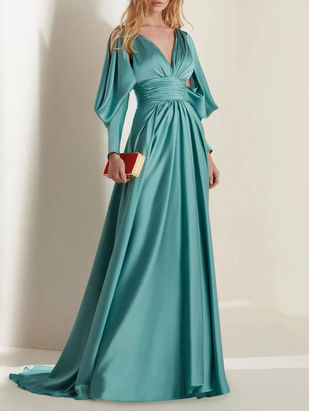 Wholesa A-Line V-Neck Long Sleeves Floor-Length Evening Dresses