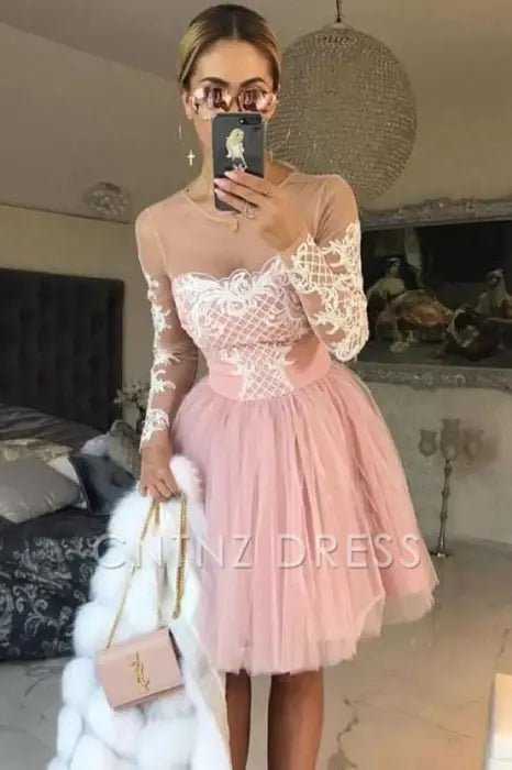CNTNZ DRESS Hot Sale Short Prom Dress A-Line Sheer Neck Long Sleeves Tulle Cocktail Dress with Appliques Sweet Homecoming Dress