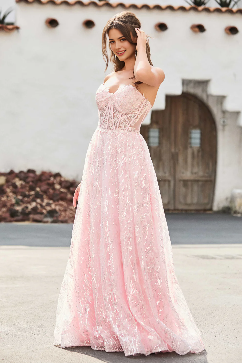 Sequins Cute A-Line Strapless Sweetheart Neckline Sleeveless Lace Applique Backless Floor-Length Discount Sparkle Party Dress Hot Sale Prom Dresses