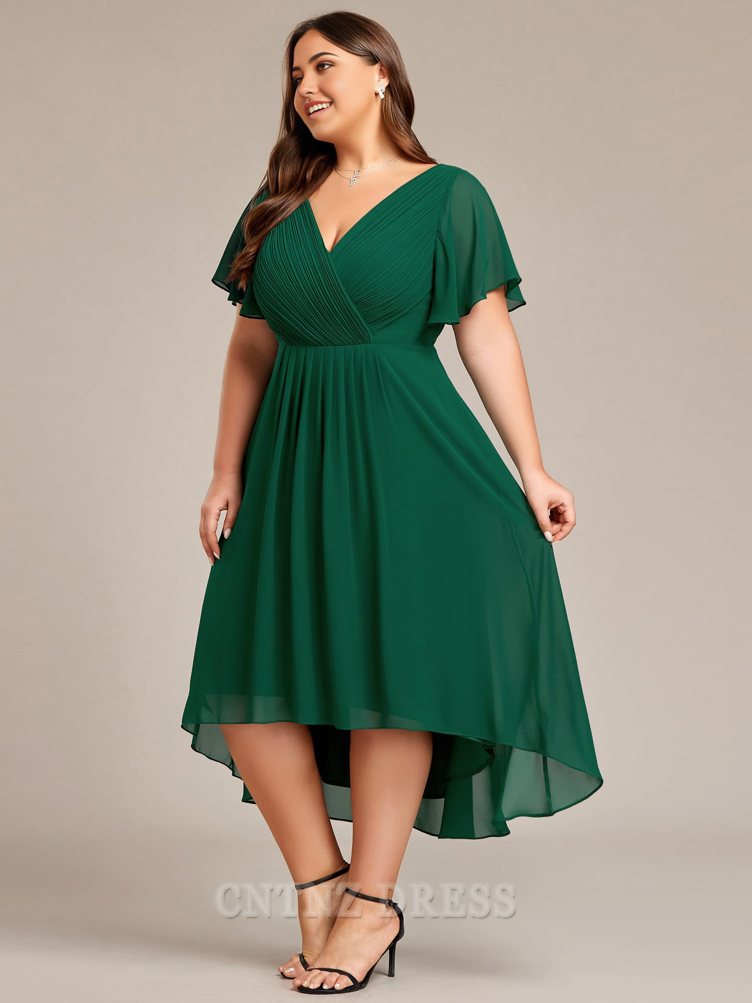 Wholesa Plus Size A Line V Neck Chiffon Short Sleeves Knee Length formal dresses Bridesmaid Dresses evening gown Prom Dress