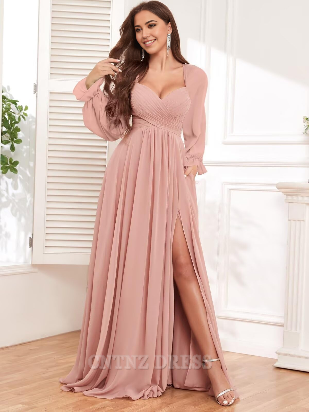 Wholesa A-line Chiffon Long Sleeve Pleated formal dresses Bridesmaid Dresses evening gown Prom Dress with Slit