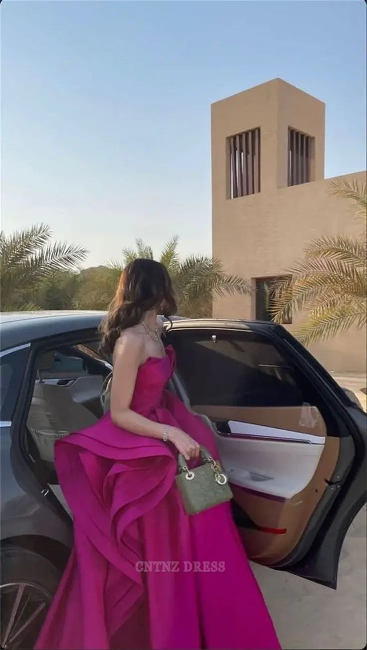 Wholesa A Line Strapless Hot Pink Pretty Long Satin formal dresses Bridesmaid Dresses evening gown Prom Dress