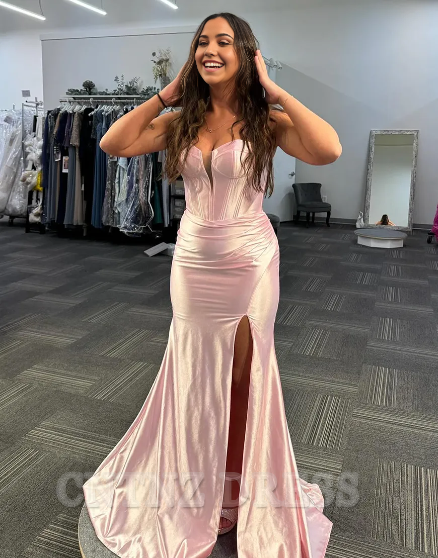 Wholesa Mermaid Strapless Corset Ruched Satin Light Pink Long formal dresses evening gown Prom Dress with Slit