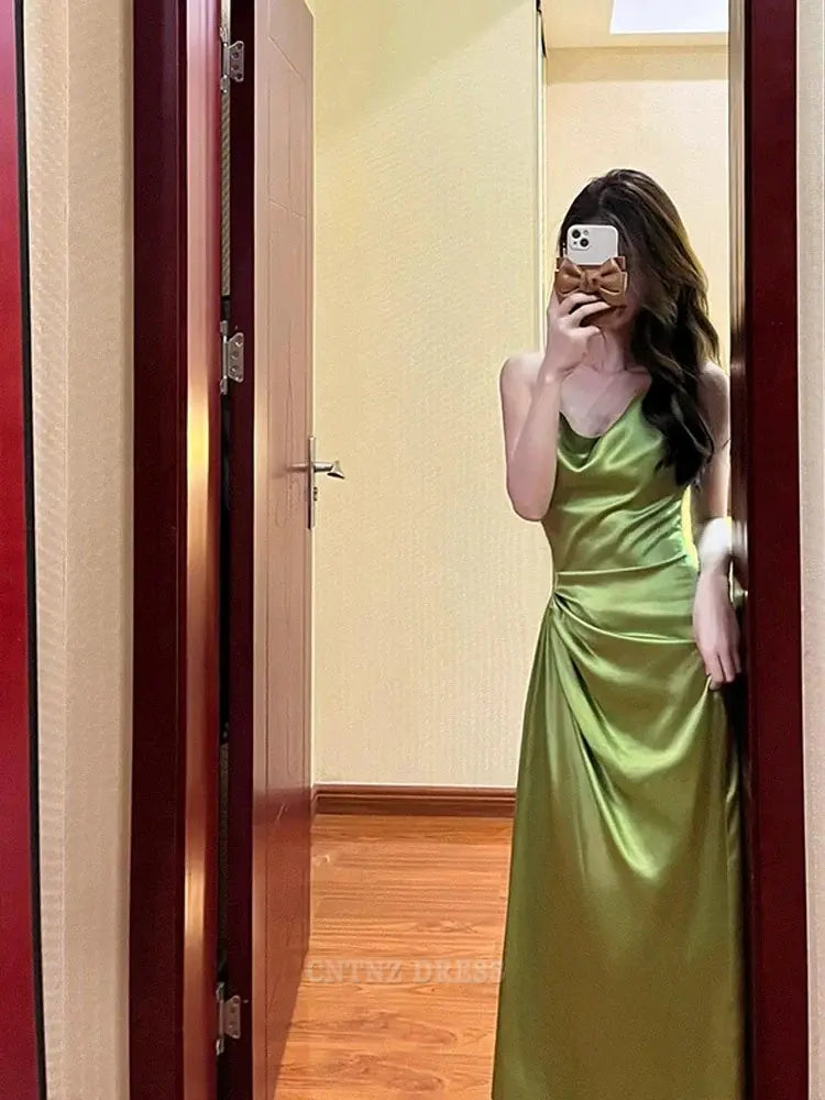 Wholesa Sheath Spaghetti Straps Green Satin Long formal dresses Bridesmaid Dresses evening gown Prom Dress