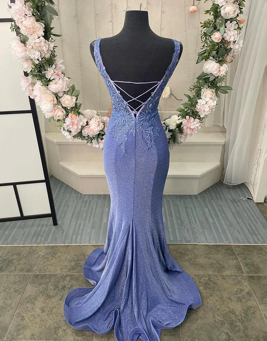 Wholesa V-Neck Corset Back Long Appliques Prom Dress