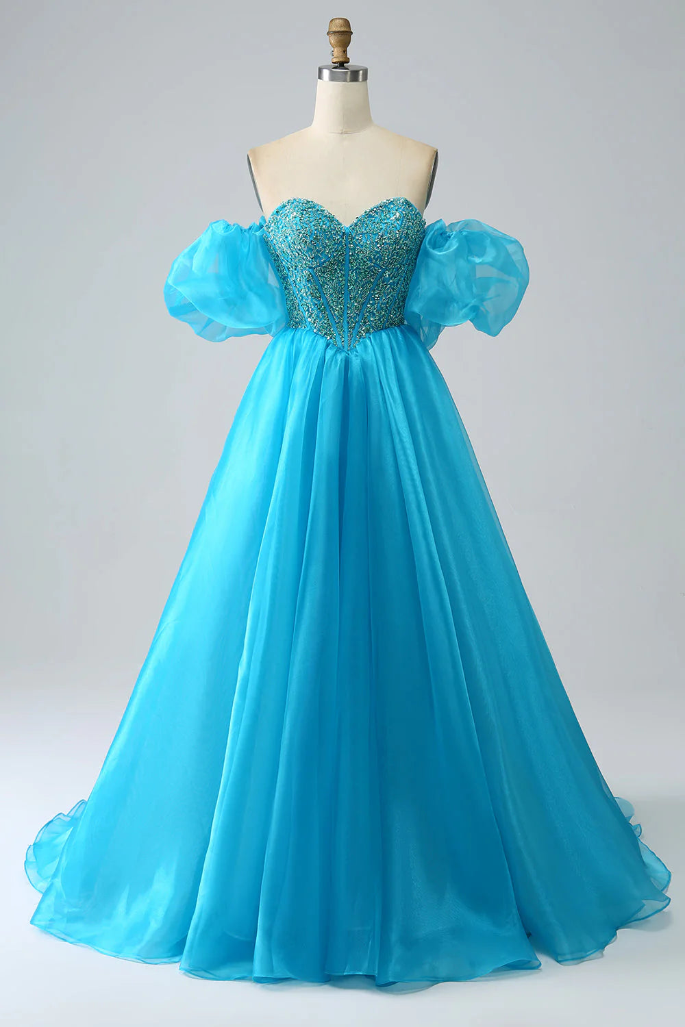 Wholesa Beaded Corset Prom Dress with Detachable Sleeves