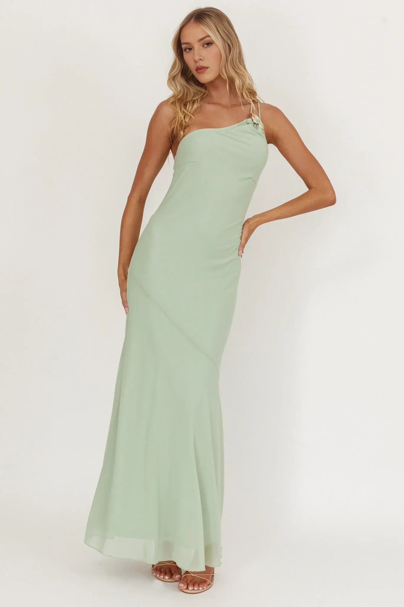 Elegant Mermaid One-Shoulder Buckle Backless Ruched Hem Mint Charming Long Wedding Guest Dress Hot Sale Prom Dress