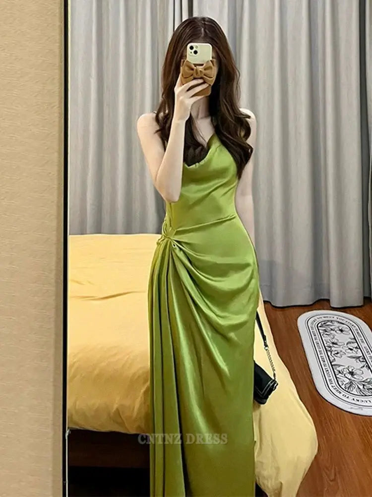 Wholesa Sheath Spaghetti Straps Green Satin Long formal dresses Bridesmaid Dresses evening gown Prom Dress