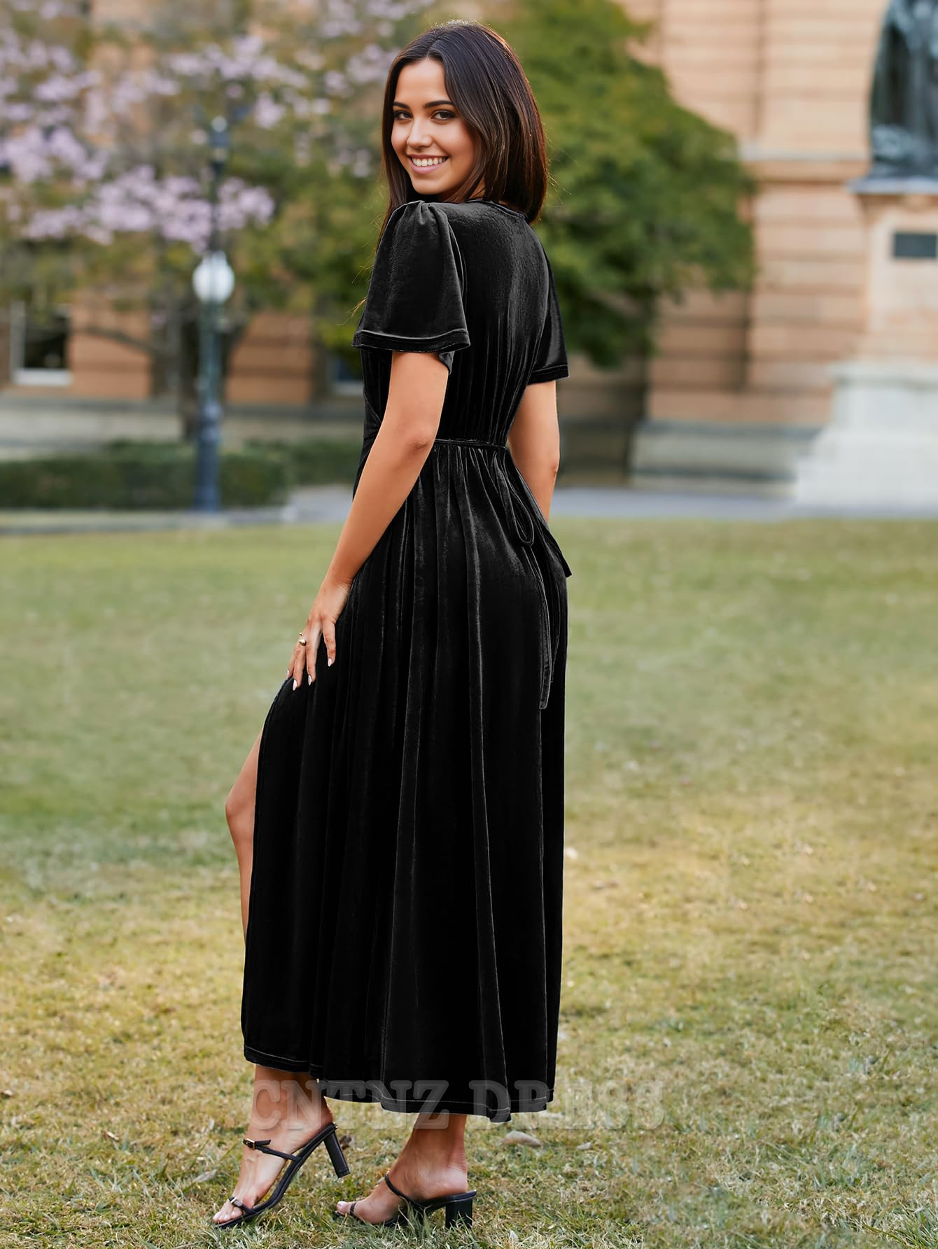Wholesa A-line V Neck Velvet Wrap Bell Sleeve formal dresses Bridesmaid Dresses evening gown Prom Dress