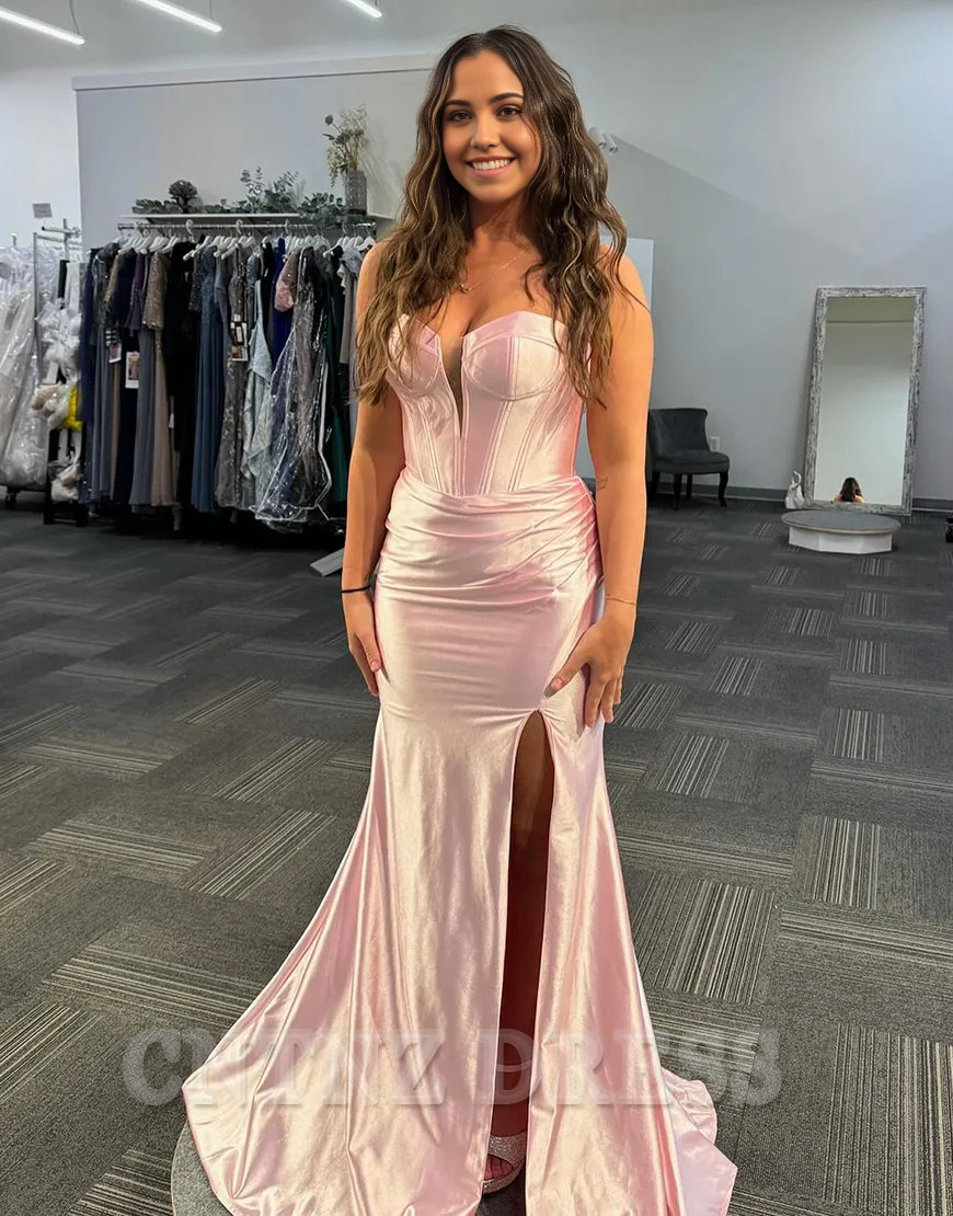 Wholesa Mermaid Strapless Corset Ruched Satin Light Pink Long formal dresses evening gown Prom Dress with Slit