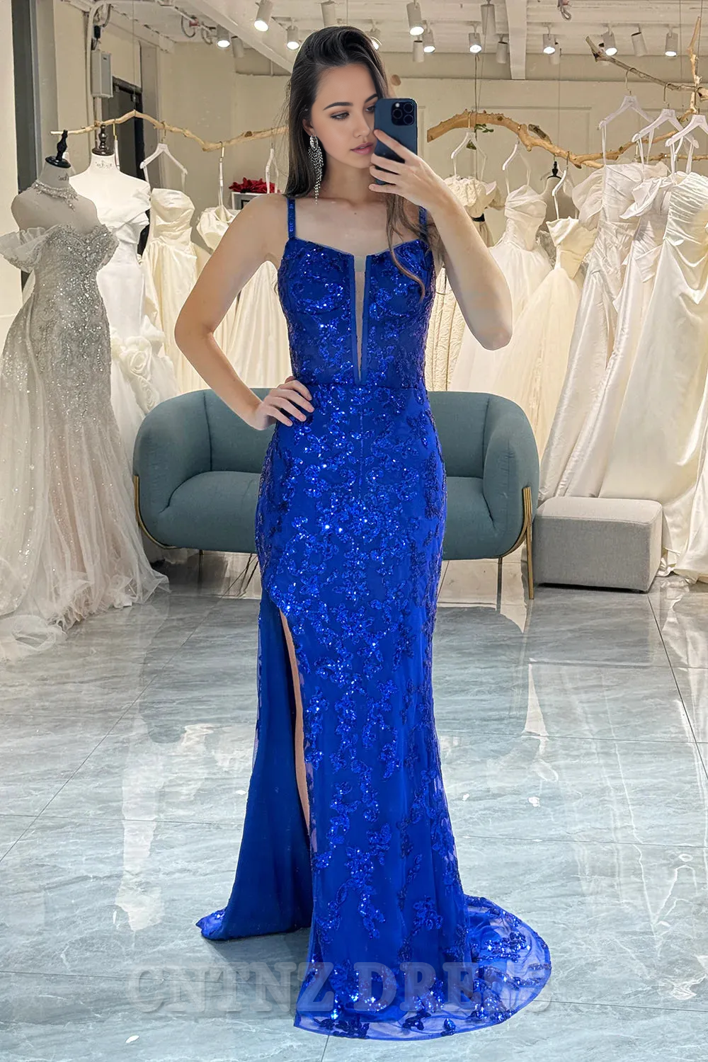 Wholesa Mermaid Sparkly Lace Up Long Sequin Royal Blue formal dresses evening gown Prom Dress With Slit