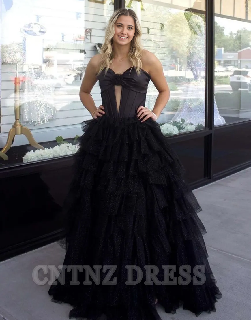 Wholesa A-Line Sparkly Strapless Flower Tiered Corset Black Long formal dresses evening gown Prom Dress with Slit