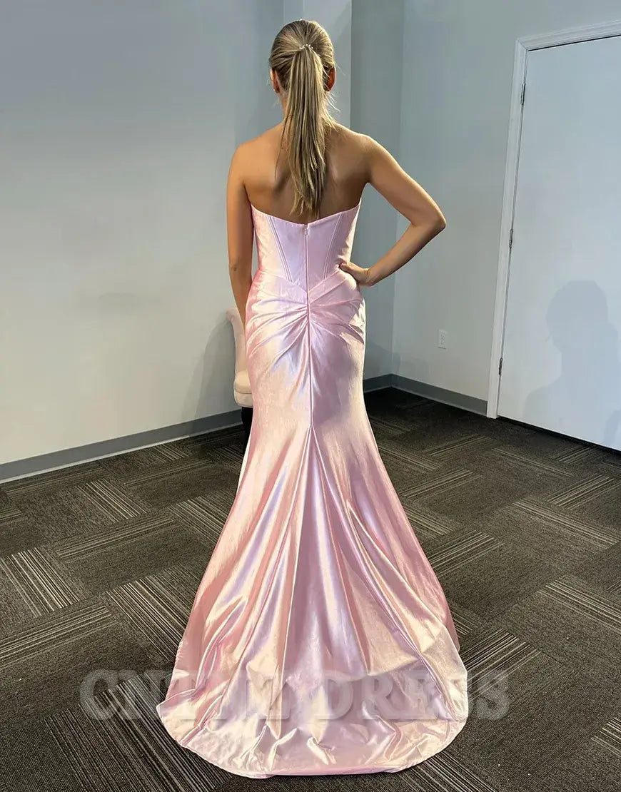 Wholesa Mermaid Strapless Corset Ruched Satin Light Pink Long formal dresses evening gown Prom Dress with Slit