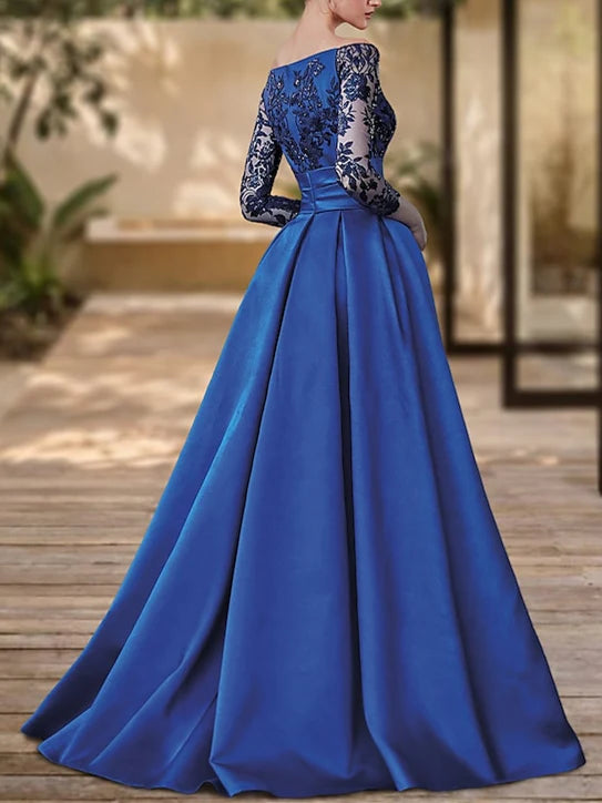 Wholesa A-Line V-Neck Long Sleeves Floor-Length Evening Dresses