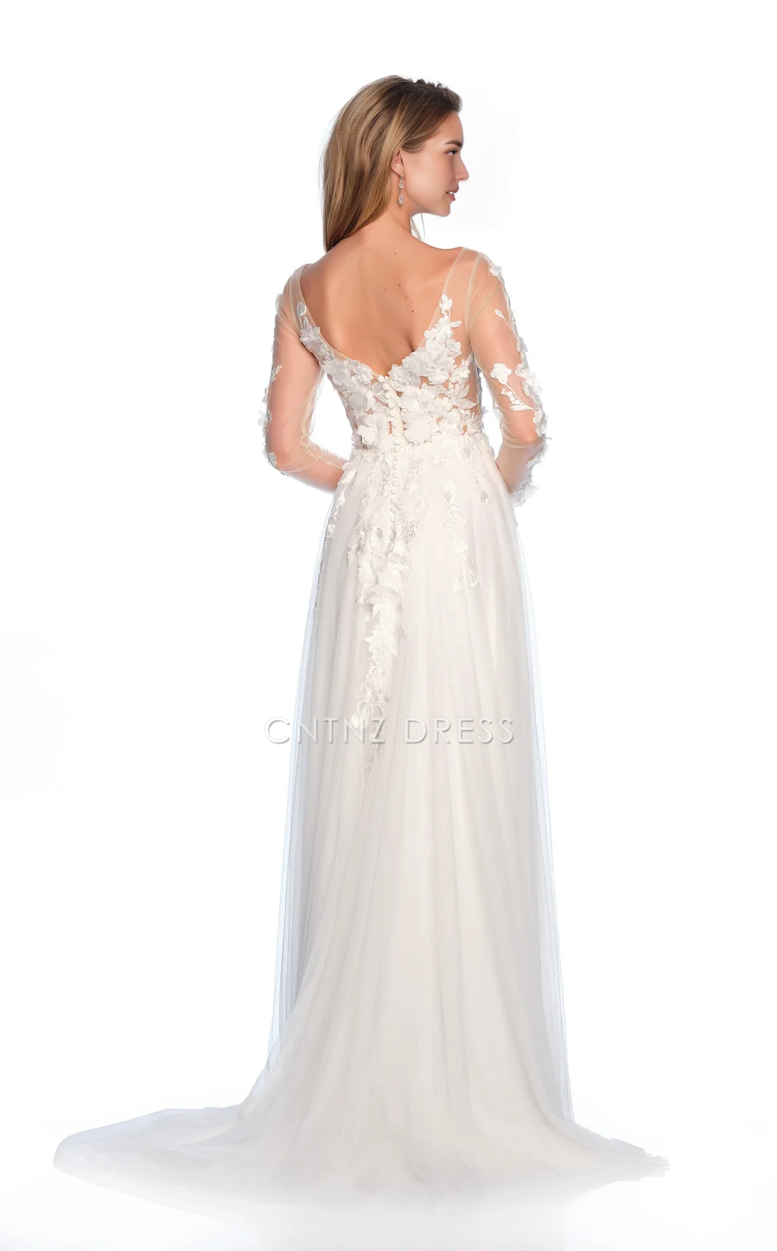 CNTNZ DRESS Exquisite A Line V Neck Long Sleeves 3D Flower Side Fork Floor-Length Charming Hot Sale Wedding Dress