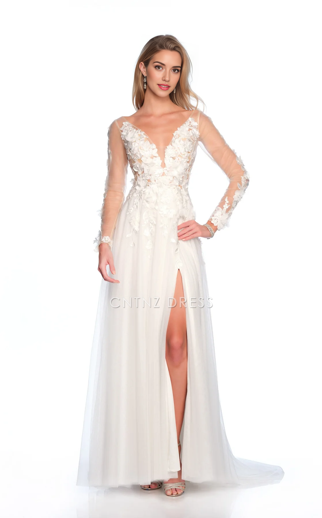 CNTNZ DRESS Exquisite A Line V Neck Long Sleeves 3D Flower Side Fork Floor-Length Charming Hot Sale Wedding Dress