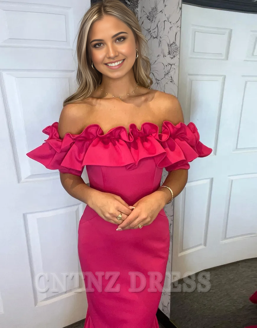 Wholesa Mermaid Off the Shoulder Ruffle Satin Fuchsia Long formal dresses Bridesmaid Dresses evening gown Prom Dress