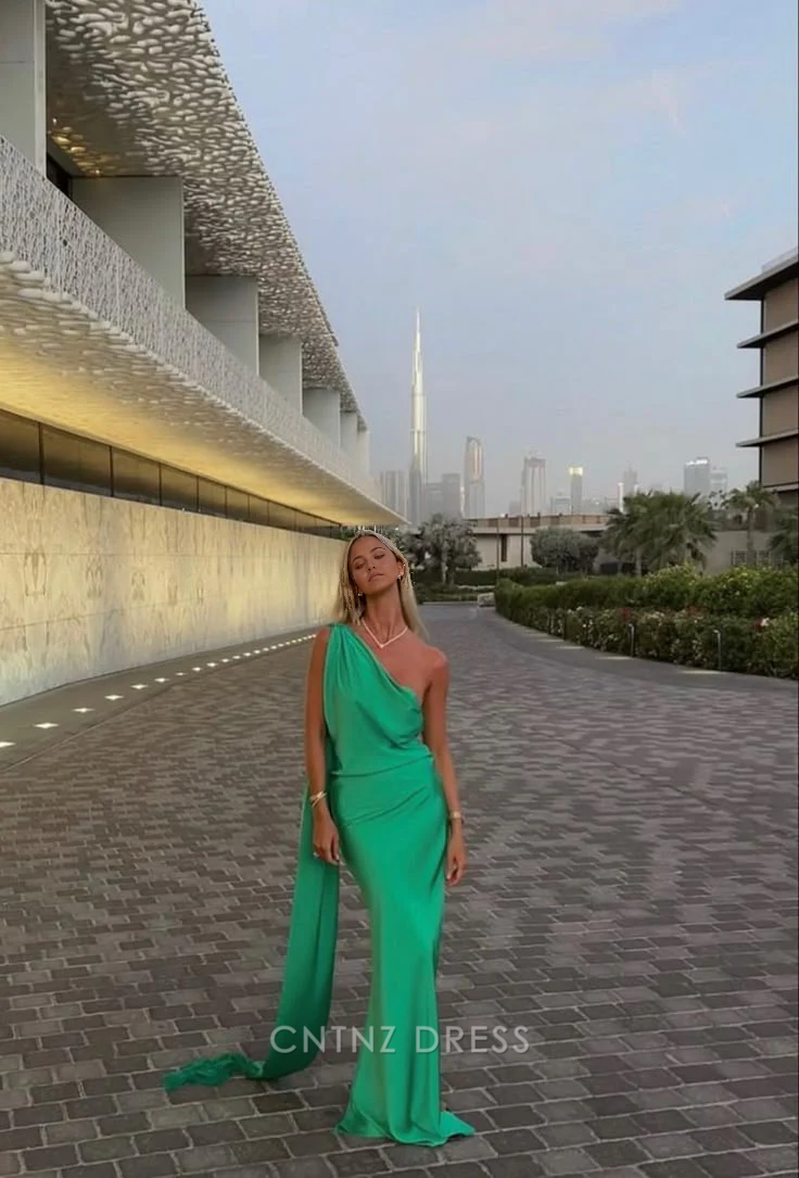Wholesa Sheath One Shoulder Satin Green Long formal dresses Bridesmaid Dresses evening gown Prom Dress