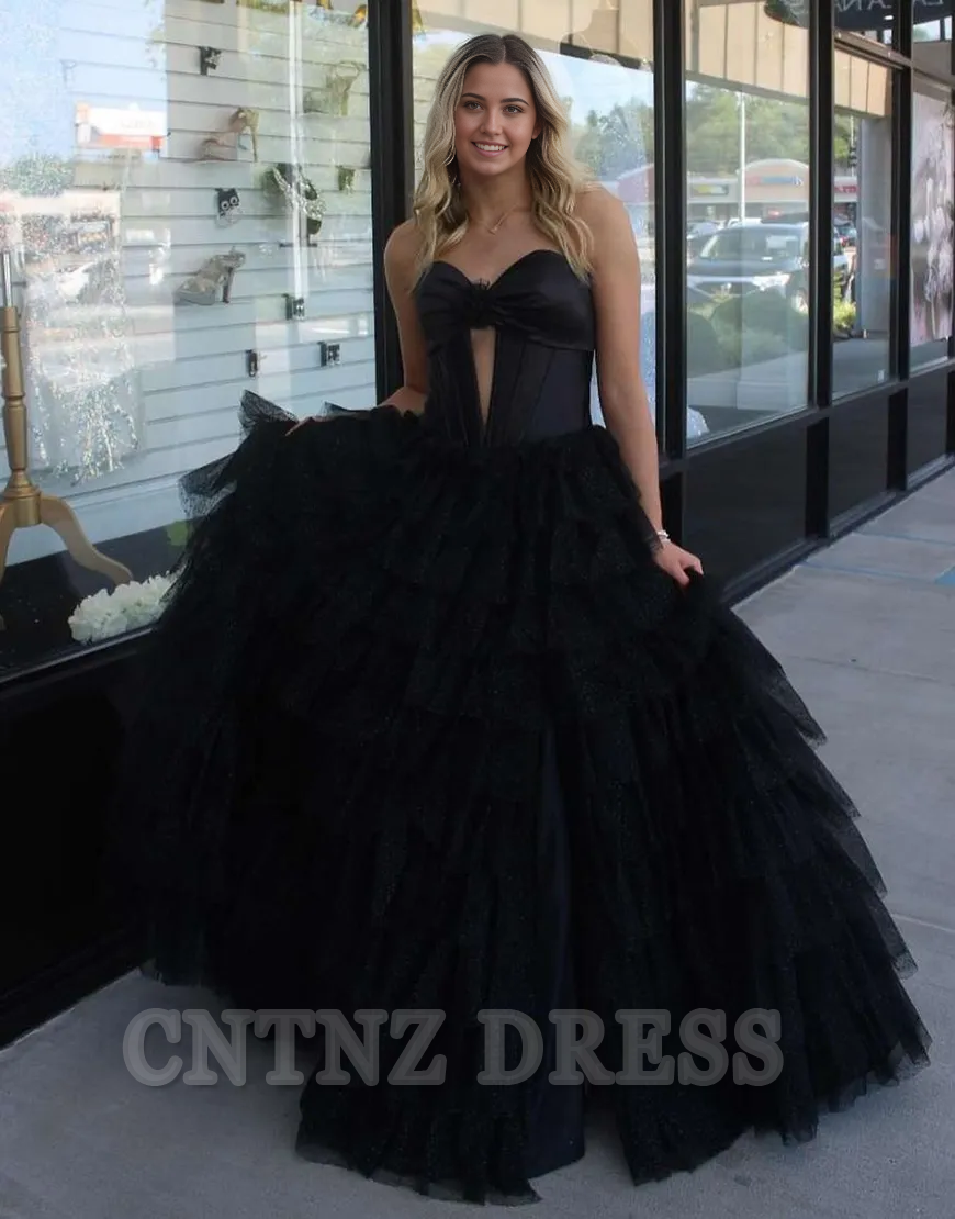 Wholesa A-Line Sparkly Strapless Flower Tiered Corset Black Long formal dresses evening gown Prom Dress with Slit