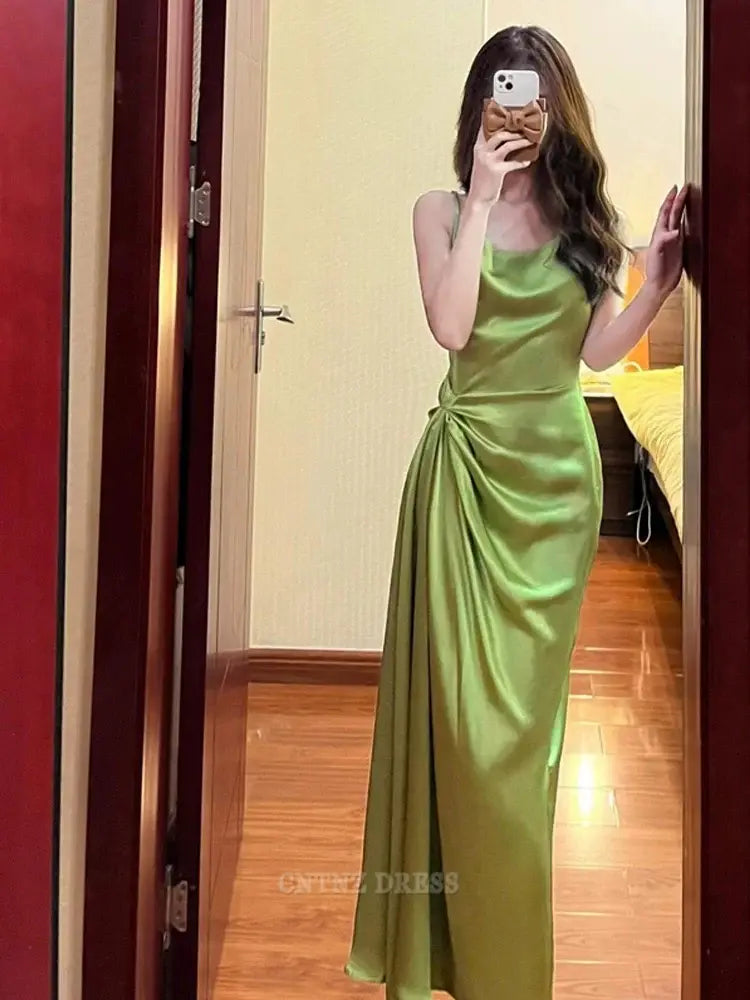 Wholesa Sheath Spaghetti Straps Green Satin Long formal dresses Bridesmaid Dresses evening gown Prom Dress