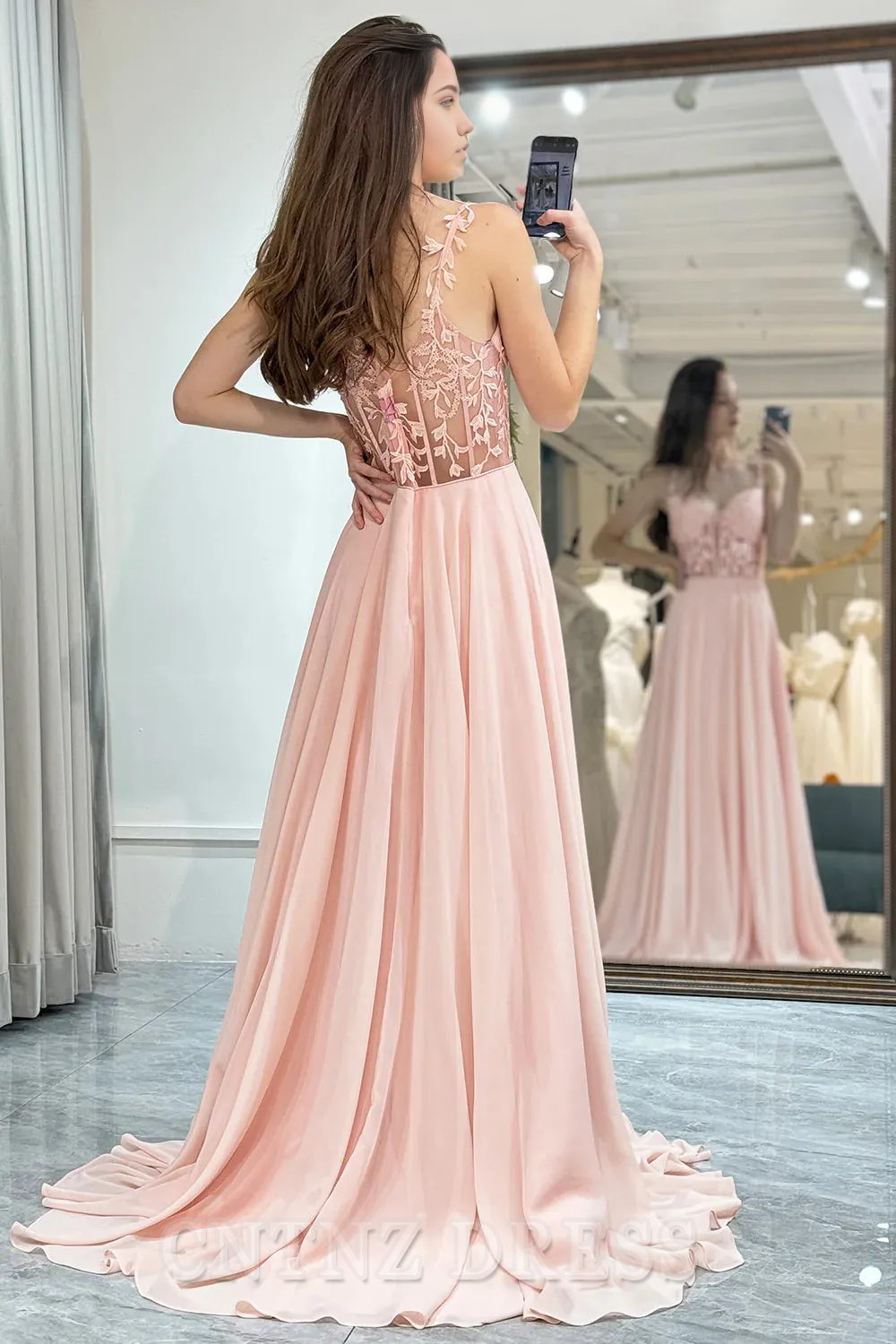 Wholesa Spaghetti Straps Long Chiffon Light Pink formal dresses evening gown Prom Dress With Appliques