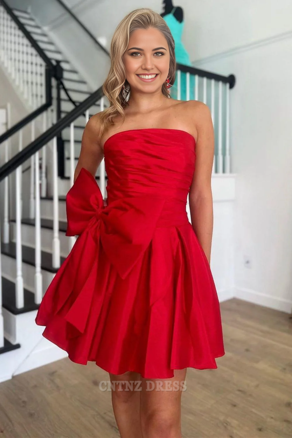 Wholesa A Line Strapless Short Satin Red Homecoming Dress formal dresses Bridesmaid Dresses evening gown Prom Dress With Bow-knot