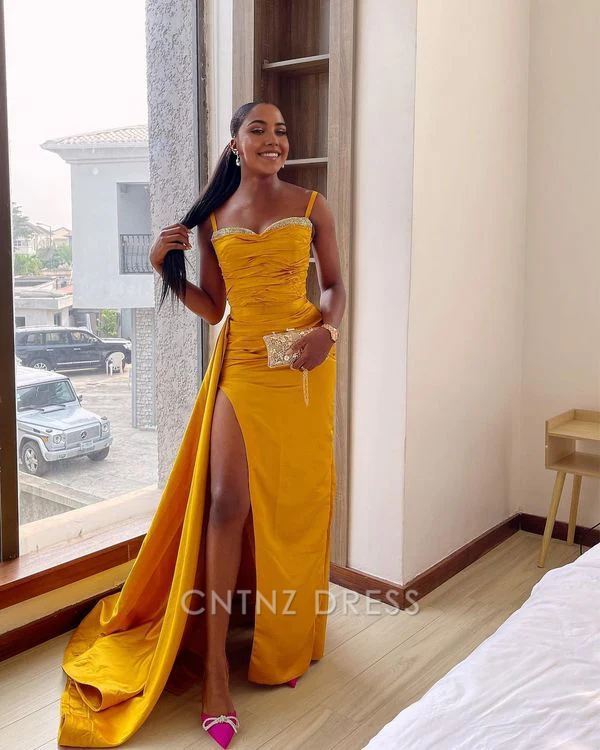 Wholesa Mermaid Sweetheart Yellow formal dresses Bridesmaid Dresses evening gown Prom Dress With Slit
