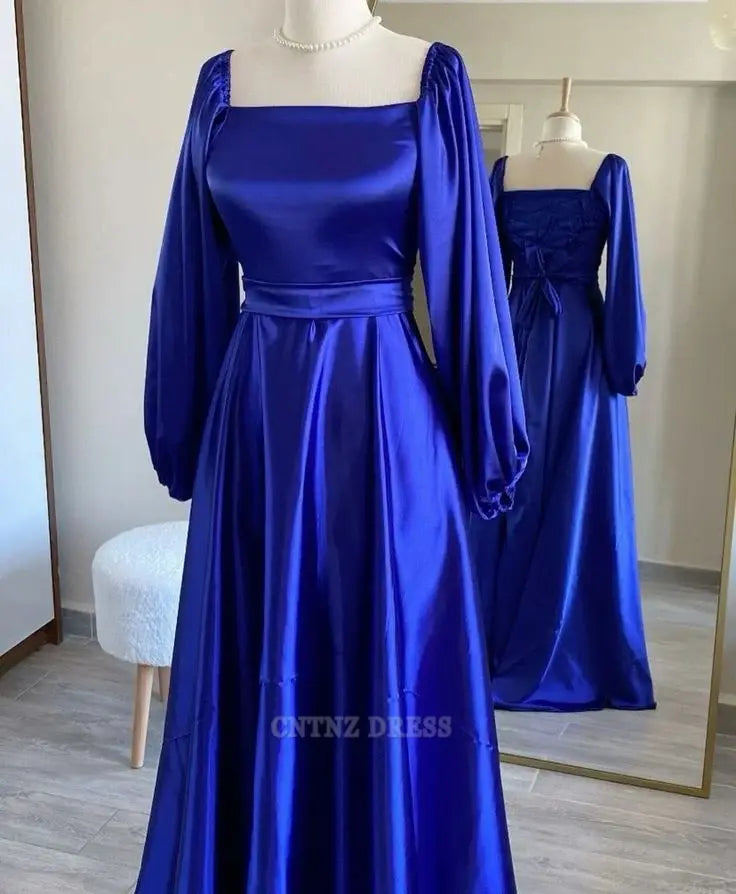 Wholesa A line Simple Long Sleeves Royal Blue Satin formal dresses Bridesmaid Dresses evening gown Prom Dress