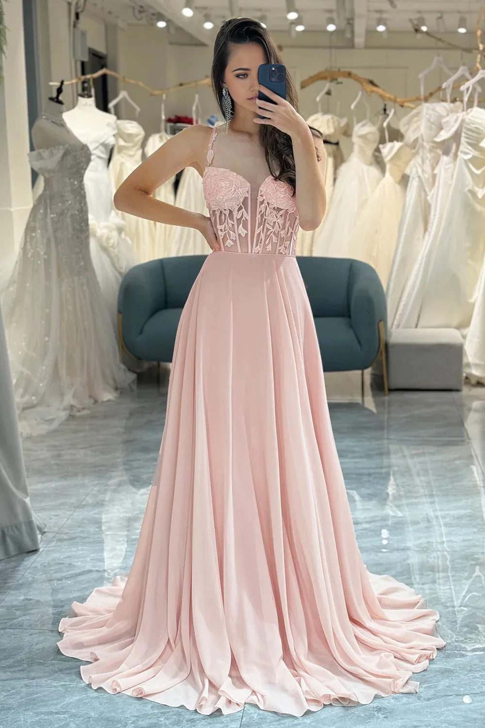 Wholesa Spaghetti Straps Long Chiffon Light Pink formal dresses evening gown Prom Dress With Appliques