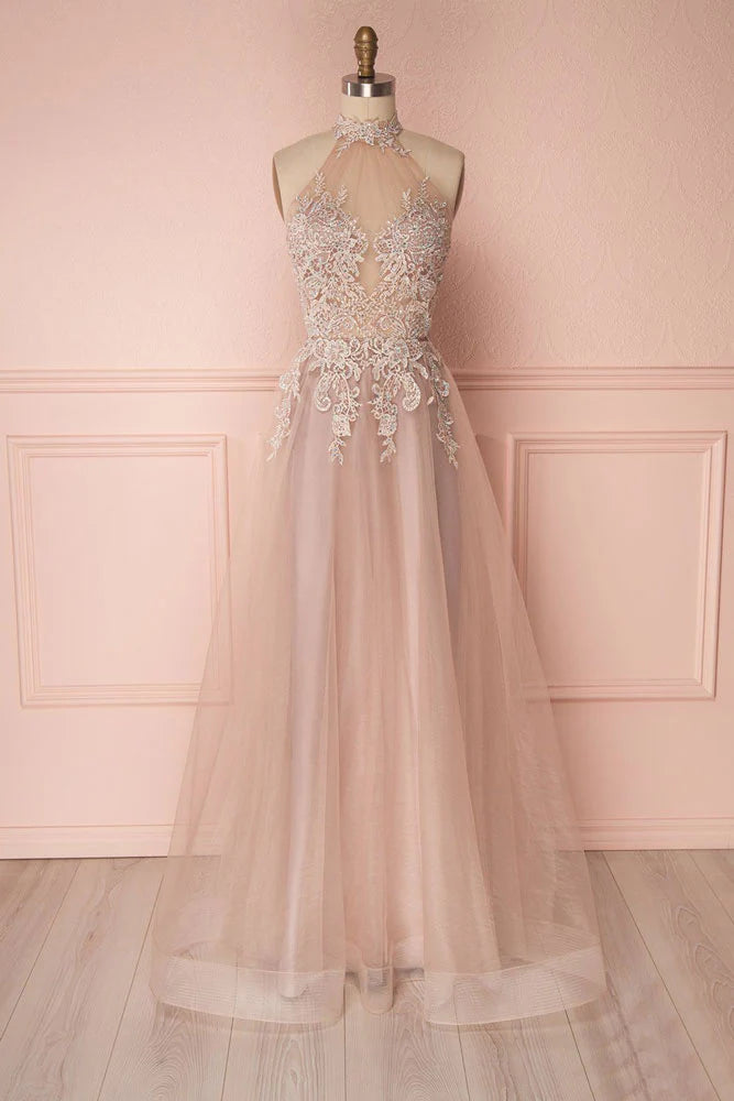Wholesa Lace Applique Tulle Long Prom Dress
