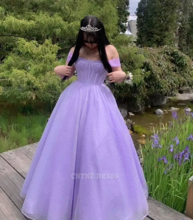Wholesa A Line Off The Shoulder Lilac Sequin Long formal dresses Bridesmaid Dresses evening gown Prom Dress
