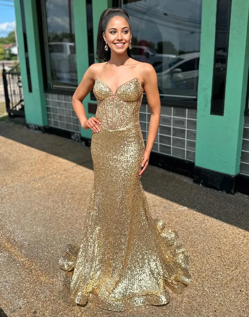 Wholesa Mermaid Sparkly Strapless Corset Sequins Golden Long formal dresses evening gown Prom Dress