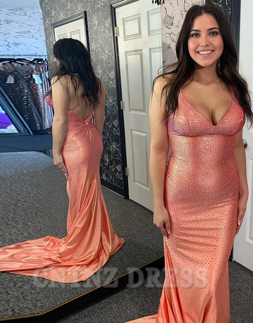 Wholesa Mermaid Sparkly Spaghetti Straps Beaded Satin Orange Long formal dresses Bridesmaid Dresses evening gown Prom Dress