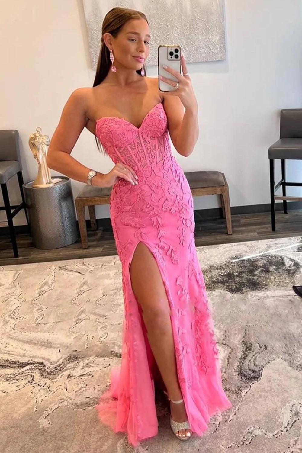Wholesa Corset Sweetheart Long Lace Prom Dress with Slit