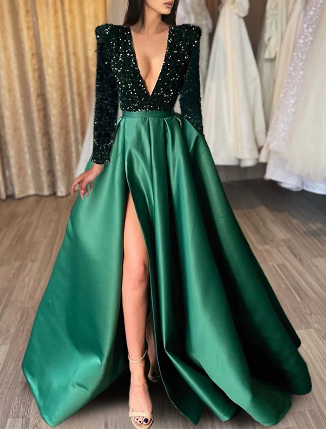 Wholesa A-Line Sequins V Neck Long Prom Dresses