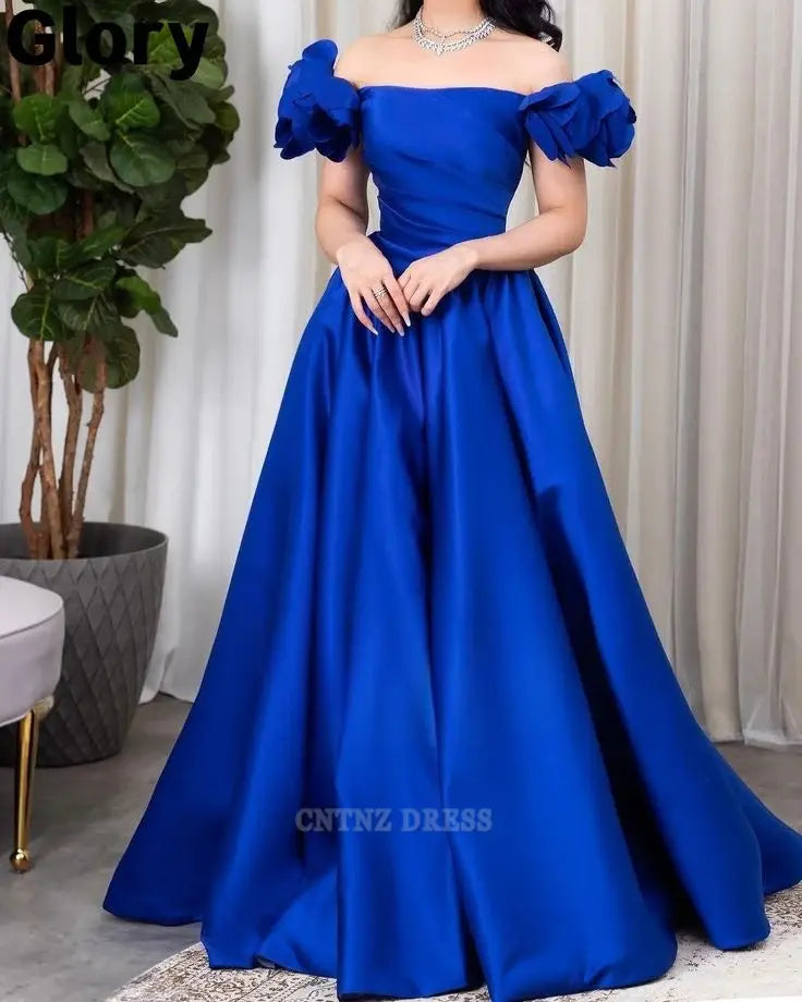 Wholesa A Line Off The Shoulder Royal Blue Satin Long formal dresses Bridesmaid Dresses evening gown Prom Dress
