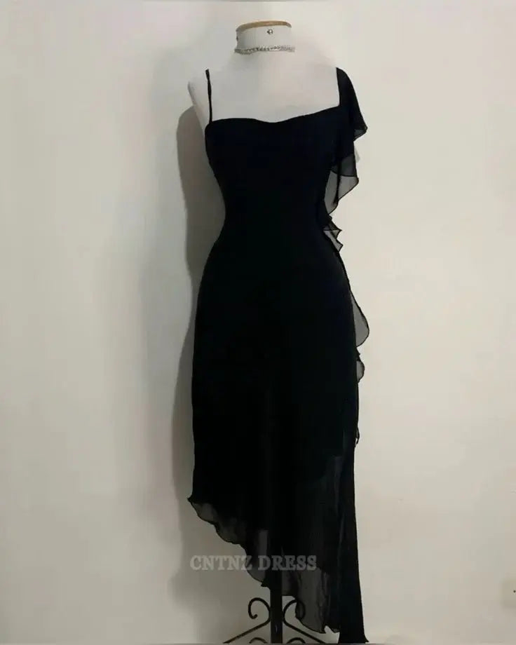 Wholesa Sheath Elegant High Low Straps Black Chiffon formal dresses Bridesmaid Dresses evening gown Prom Dress