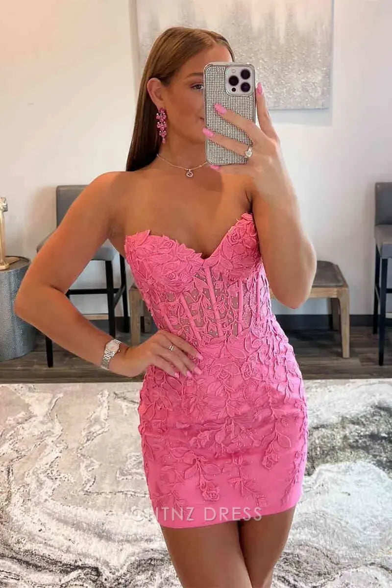 Wholesa Sheath Lace-Up Appliques Strapless Homecoming Dress formal dresses Bridesmaid Dresses evening gown Prom Dress