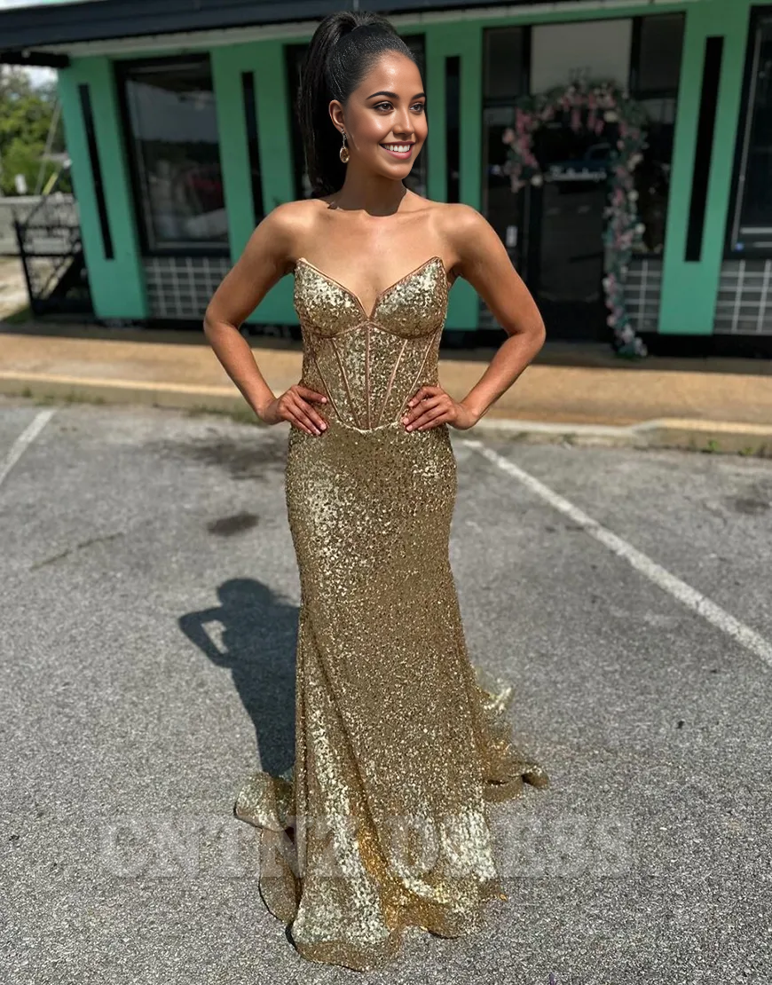 Wholesa Mermaid Sparkly Strapless Corset Sequins Golden Long formal dresses evening gown Prom Dress