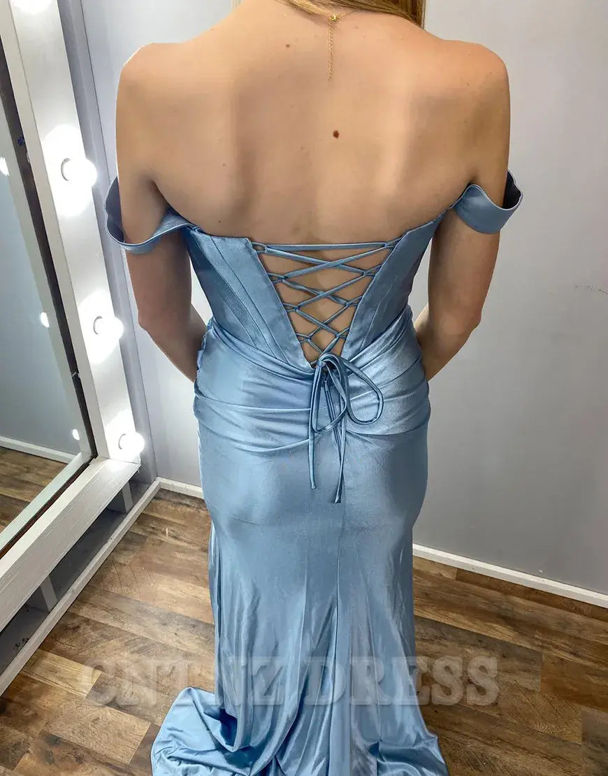 Wholesa Mermaid Off the Shoulder Corset Satin Long formal dresses evening gown Prom Dress with Slit