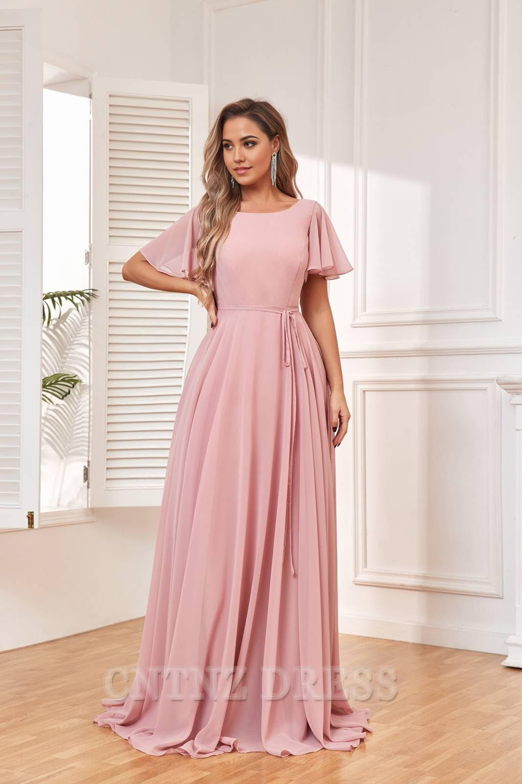 Wholesa A Line Bateau Neck Chiffon Flutter Sleeve formal dresses Bridesmaid Dresses evening gown Prom Dress