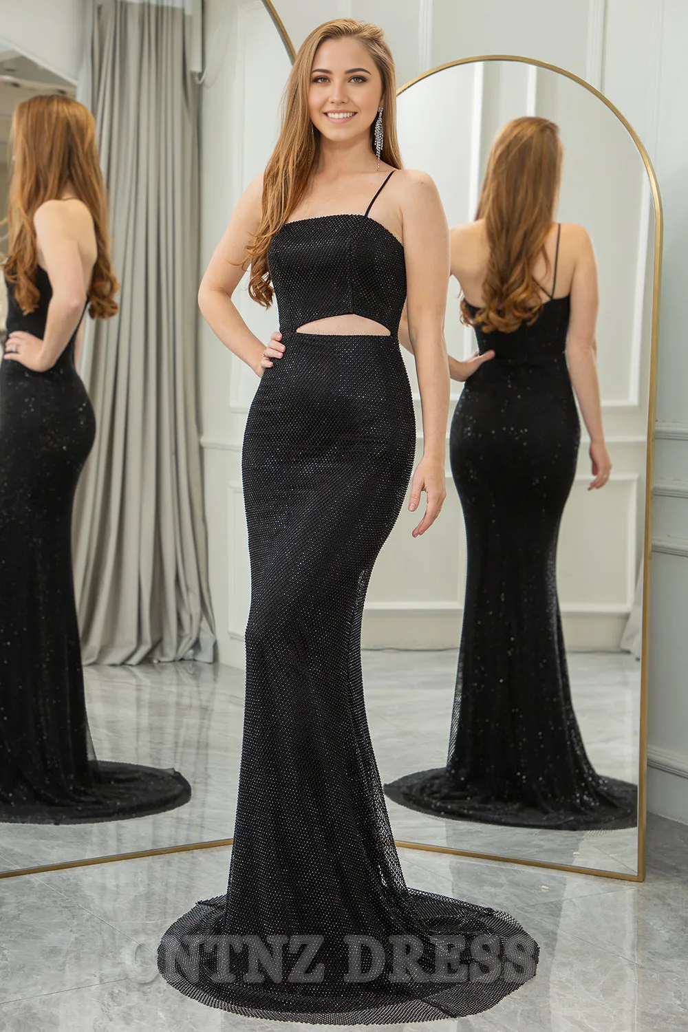 Wholesa Mermaid Elegant Glitter Black Spaghetti Straps Cut Out formal dresses evening gown Long Prom Dress