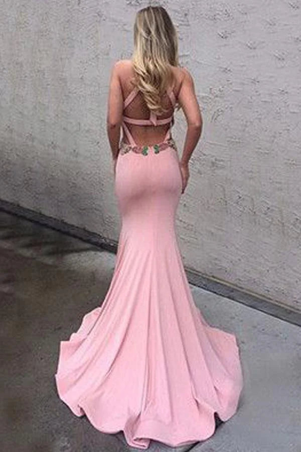 Wholesa Memaid Open Back Halter Backless Long Prom Dresses