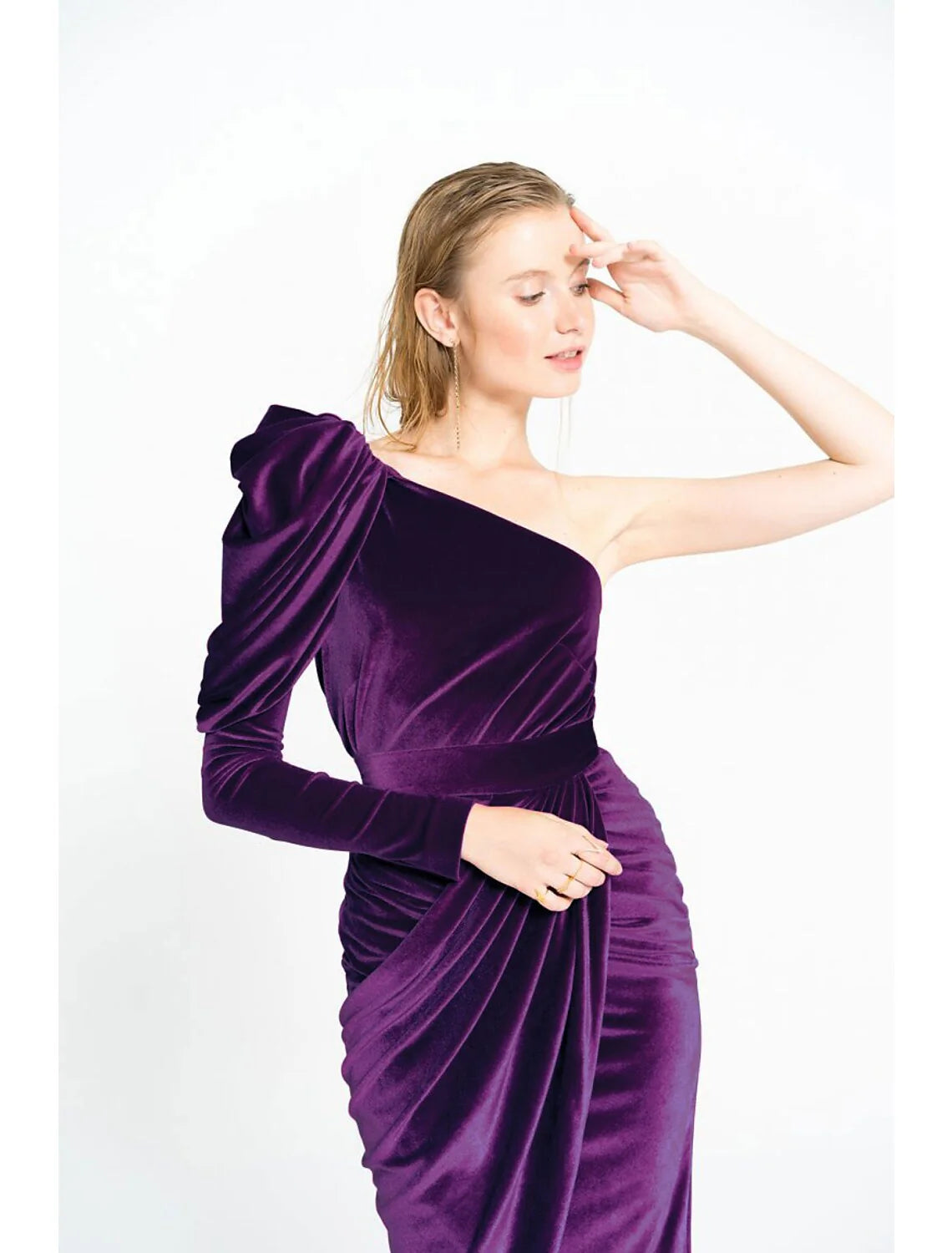 Wholesa Sheath / Column Minimalist Elegant Wedding Guest Prom Dress One Shoulder Long Sleeve Tea Length Velvet with Ruched Draping Slit