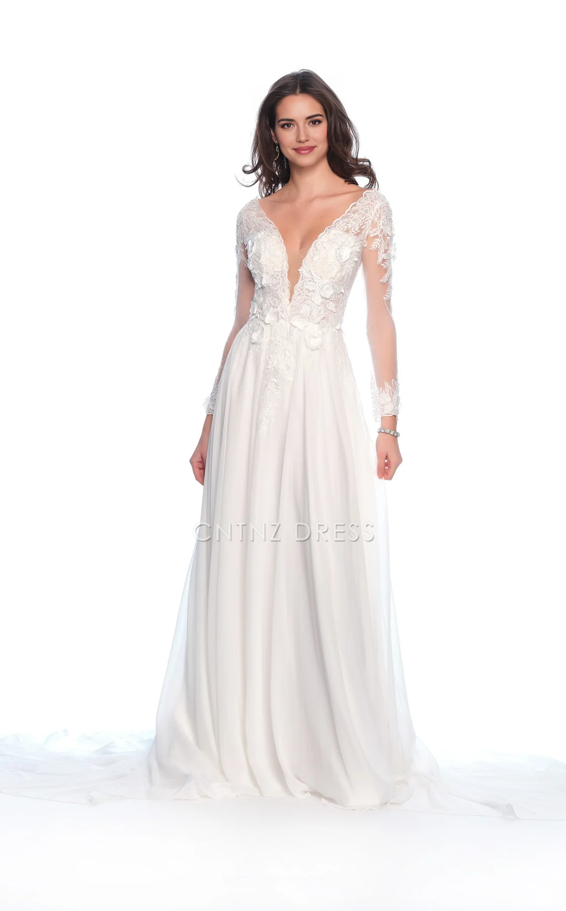 CNTNZ DRESS Exquisite A Line Deep V Neck Long Sleeves Backless 3D Flower Floor-Length Fashion Hot Sale Wedding Dress
