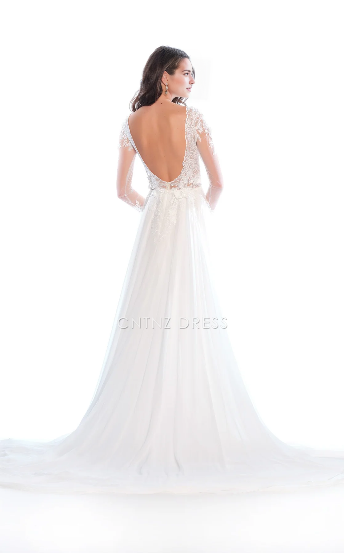 CNTNZ DRESS Exquisite A Line Deep V Neck Long Sleeves Backless 3D Flower Floor-Length Fashion Hot Sale Wedding Dress